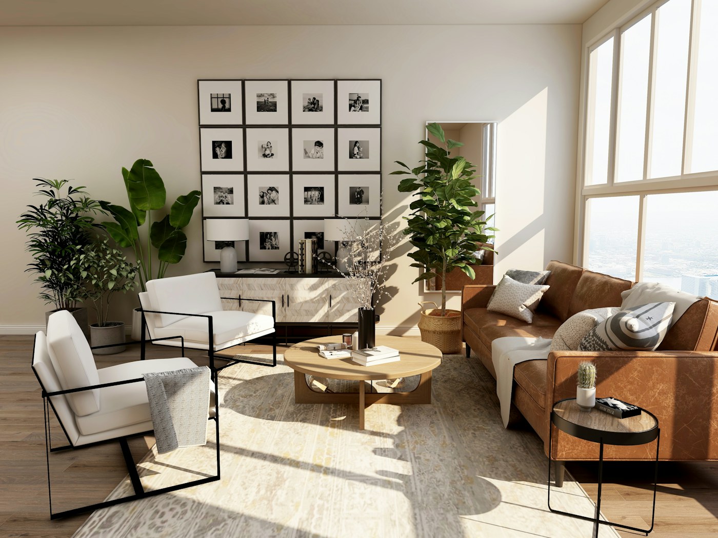 Living deschis cu mobilier sculptural și texturi naturale